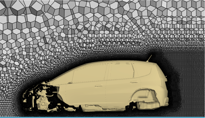 Full-scale Honda Fit vehicle surface covered in polyhedral Voronoi mesh cells generated by Fidelity Stitch.