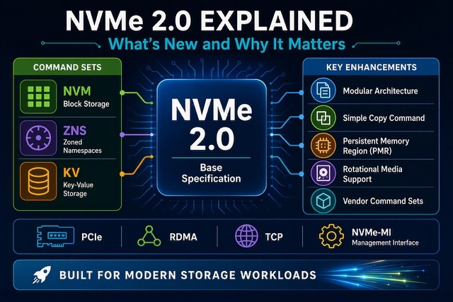 Diagram showing NVMe 2.0 modular specification architecture with Base Specification at the center, connected to three Command Sets (NVM Block, ZNS, KV) and three Transports (PCIe, RDMA, TCP), alongside NVMe-MI for management. Four key enhancements are highlighted: Simple Copy, Rotational Media, Vendor Command Sets, and Persistent Memory Region. A Who Benefits section lists Cloud/Hyperscale, Database/KV, Storage Vendors, Enterprise IT, and Automotive/Edge.