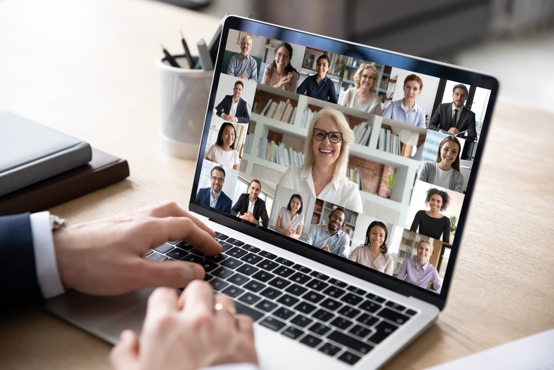 Internet video conference call with happy team