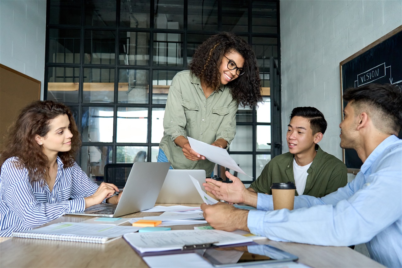 Team working in an office meeting room setting