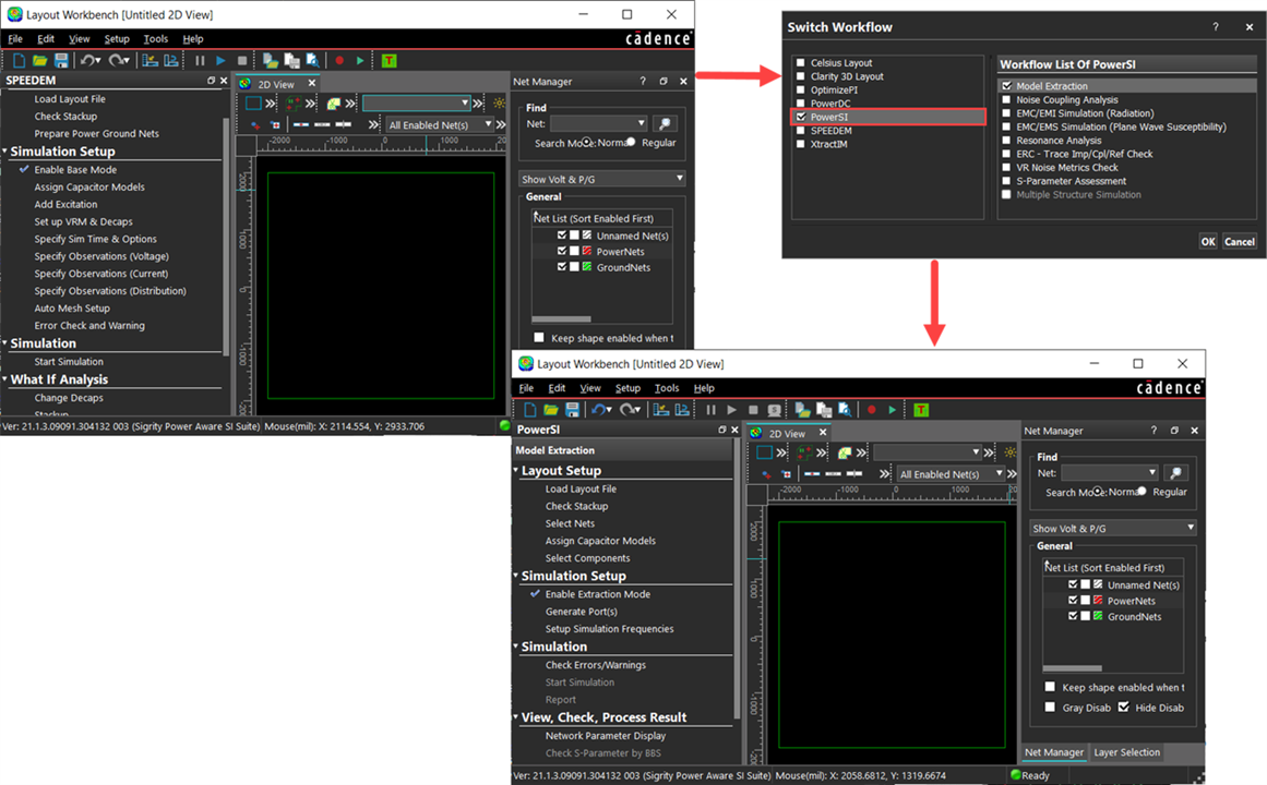 Image showing the Layout Workbench GUI with Model Extraction as the active workflow for Sigrity PowerSI
