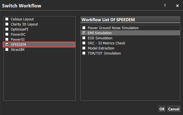 Image showing the Switch Workflow functionality in Sigrity SPEEDEM