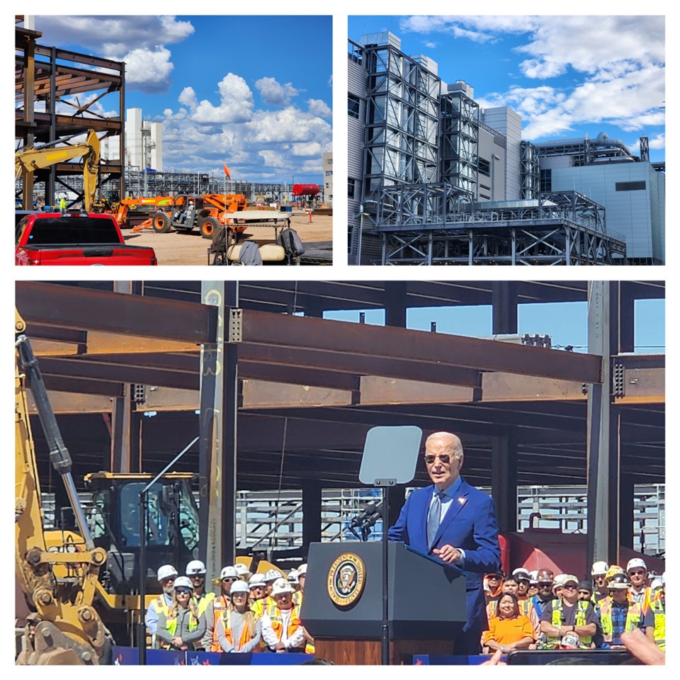 U.S. President Joe Biden stands in front of the construction site of the Intel Ocotillo Fab Construction Zone