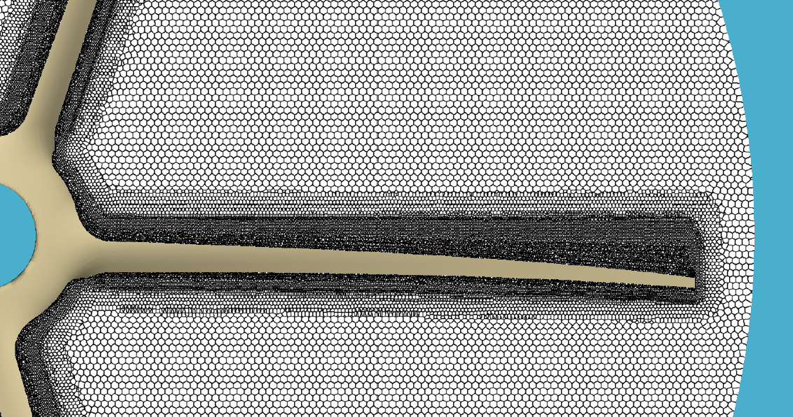 Zoomed cross section of a Voronoi mesh at a VTOL rotor blade surface showing anisotropic near-wall cells at 0.125 mm wall-normal spacing.