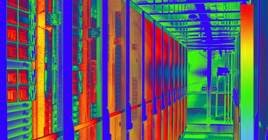 data center racks of machines colored for thermal analysis