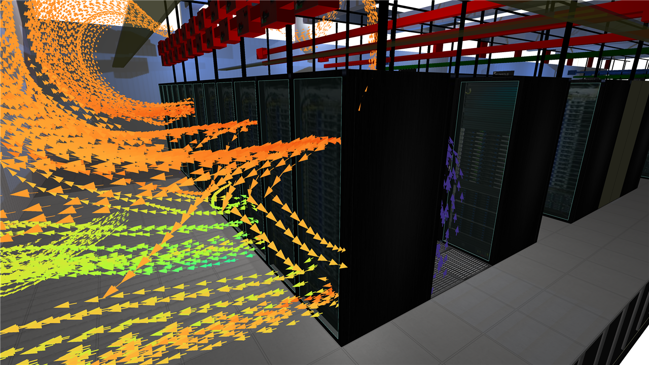 A data center model demonstrating airflow paths in the cold and hot aisle, plus a temperature plane intersecting the hot aisle