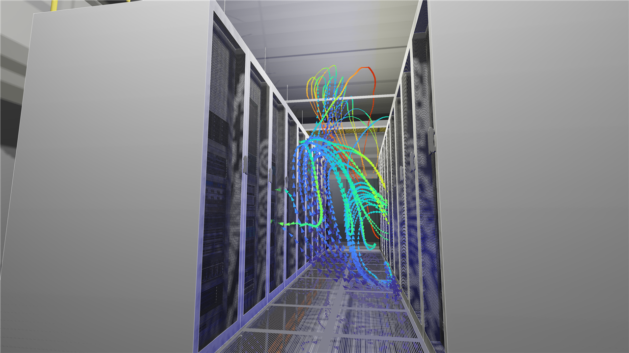 Image of a Cadence Reality DC Digital Twin model in an enhanced view, containing streamline plots. 