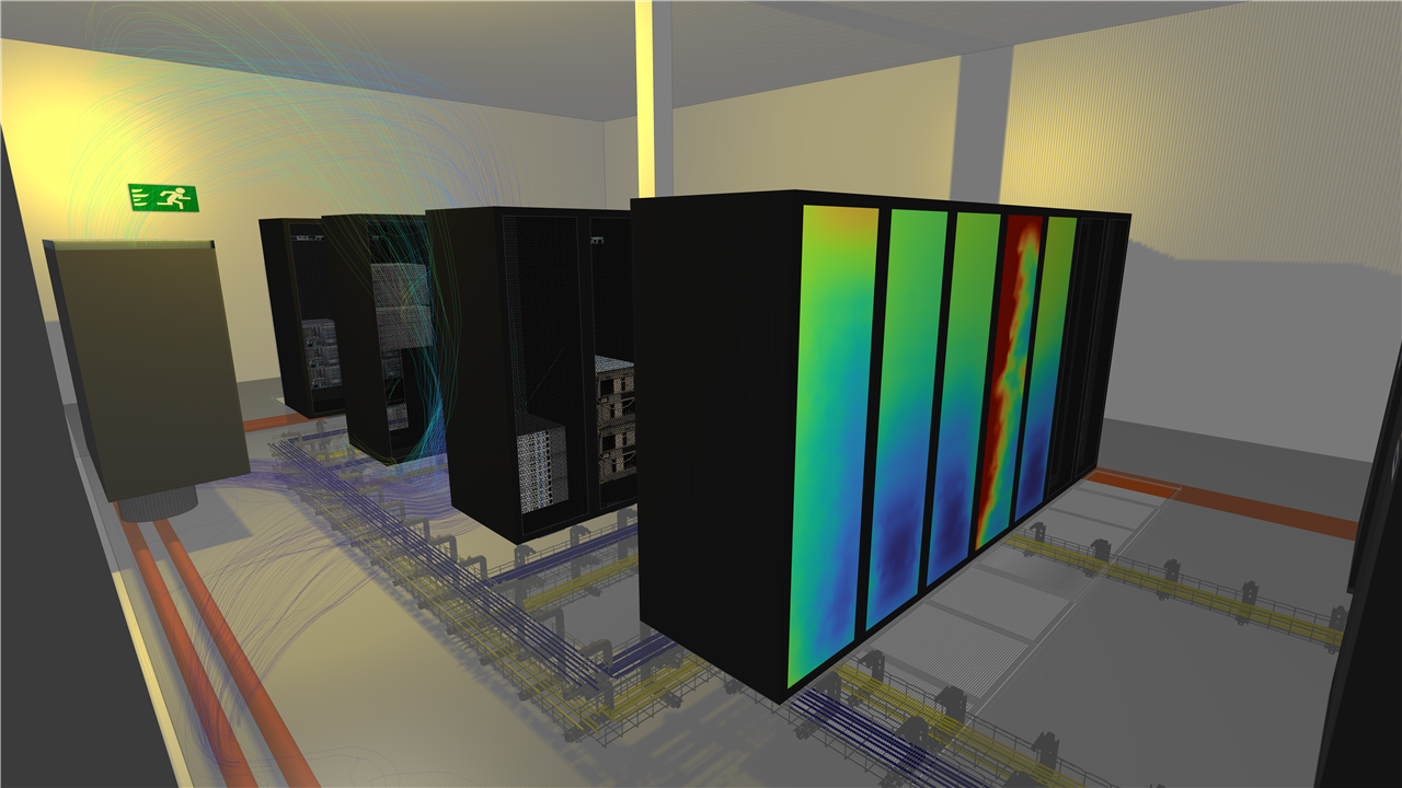 DataCenter Design Software model showing underfloor cabling and vent temperatures.