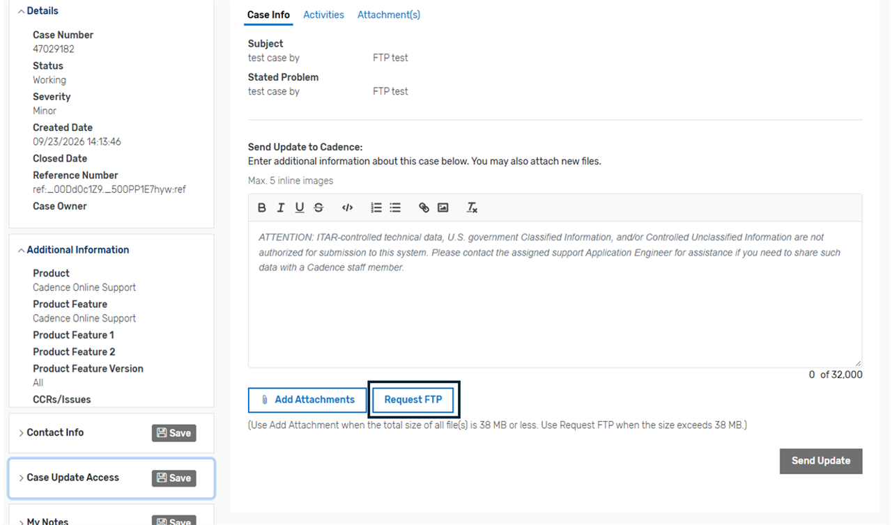 Request FTP option on the case details page