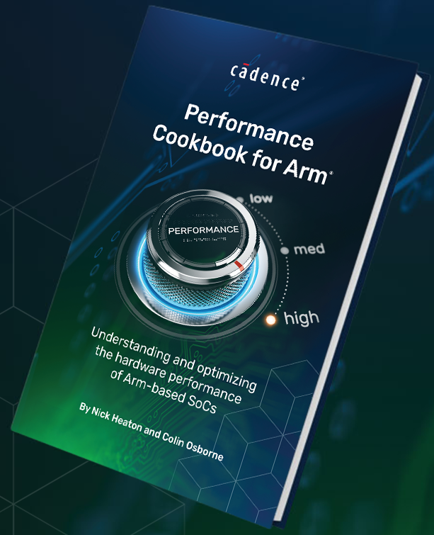 A book titled Performance Cookbook for Arm, displayed at an angle on a dark blue background