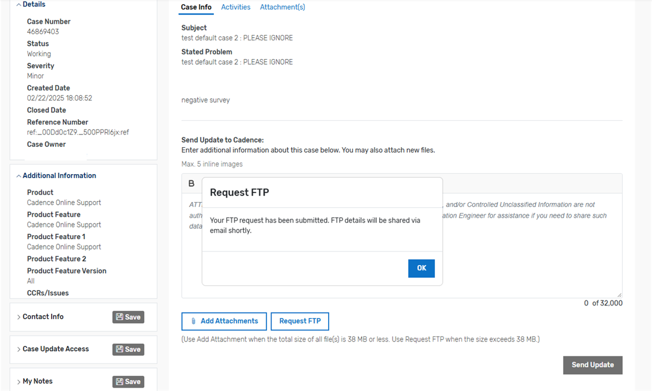Confirmation message after the FTP request is submitted