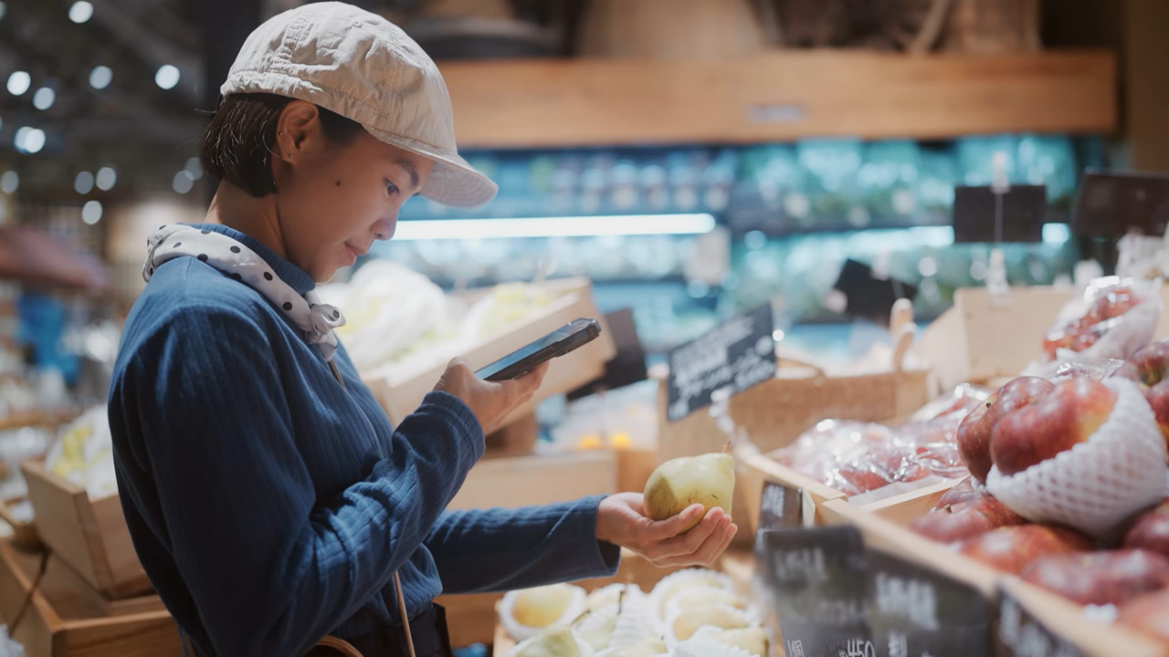 A person pointing their smartphone's camera at a pear