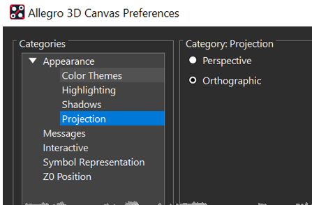  Allegro 3D Canvas projection settings