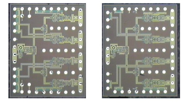 TX chip with four channels (left) and RX chip with four channels (right)