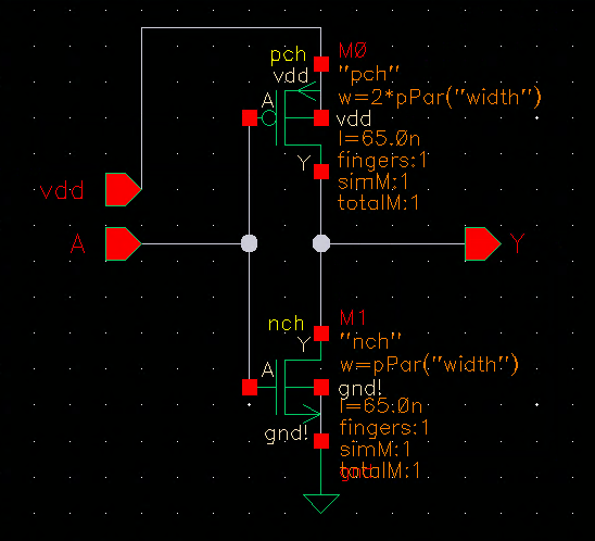 Schematic of simple inverter with parameter as width.