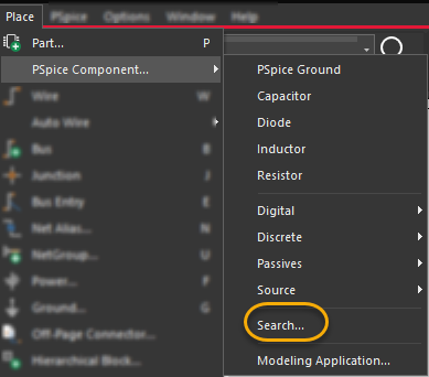 Search option in the Place - PSpice Component menu