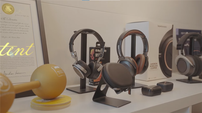 A display of headphones at Mimi's office