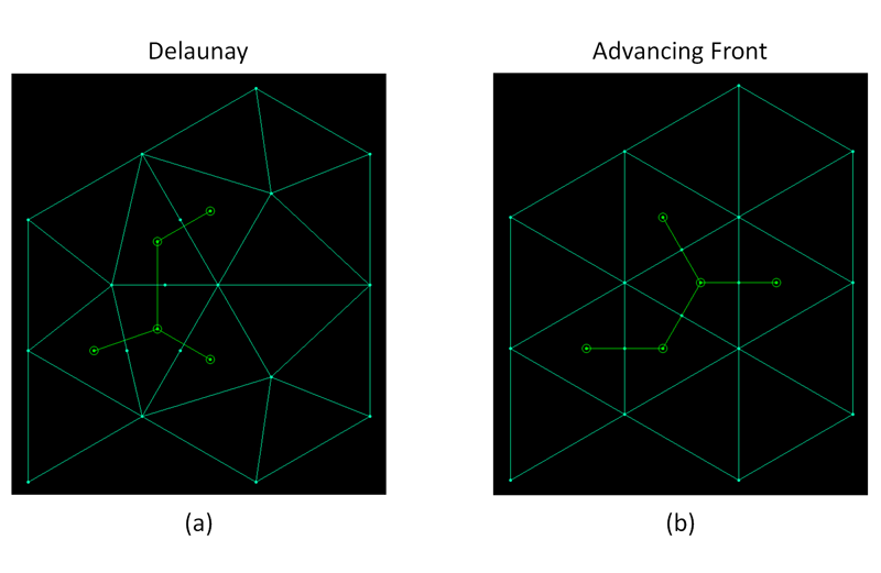 Close examination of Delaunay and Advancing Front triangular meshes